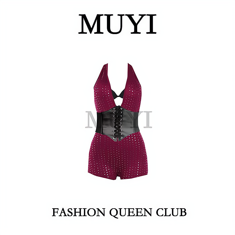 MUYI原创 酒吧歌手新年暗红色亮片闪连体裤套装性感深v紧身演出服