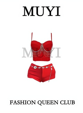 MUYI原创 酒吧gogo秀红色性感重工镶钻吊带演出服女团商演打歌服