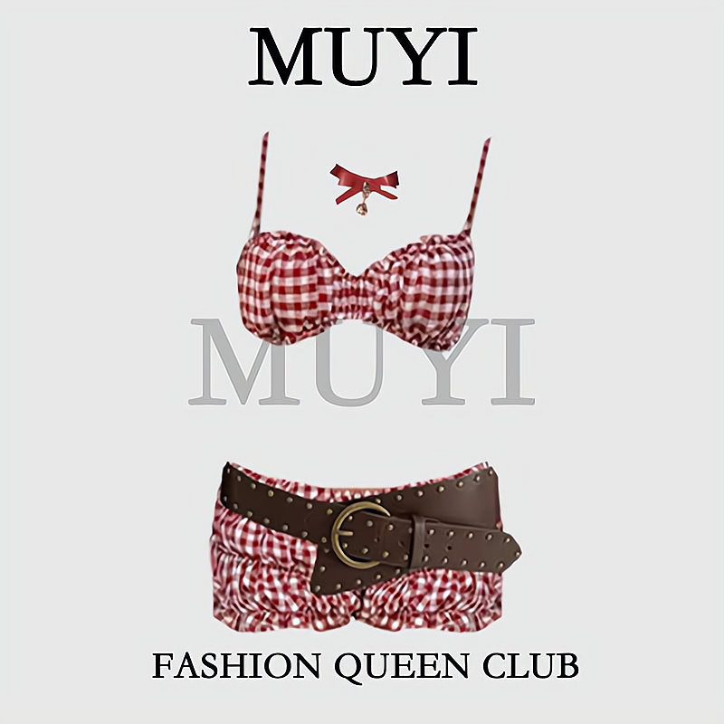 MUYI原创 酒吧辣妹性感超短吊带红色格子演出服套装女团bgo点舞服