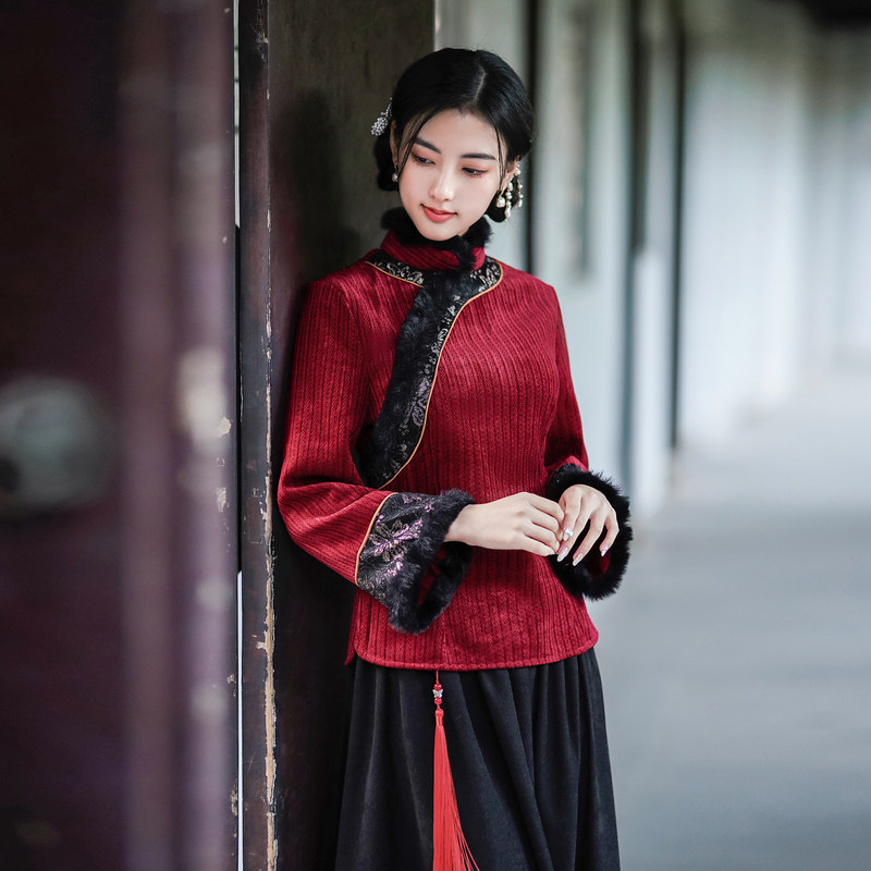 新中式国风大码女装雪尼尔保暖复上衣