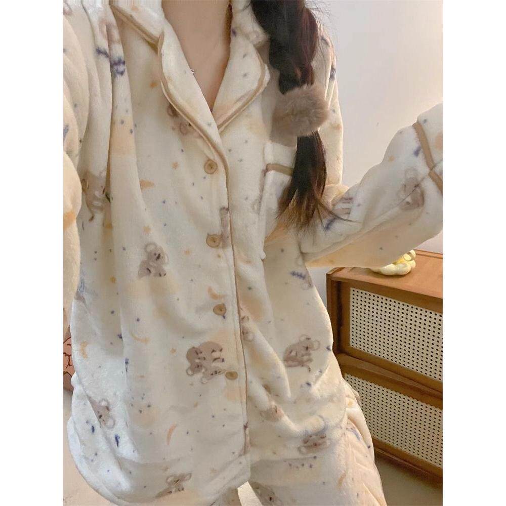 少女可爱考拉印花珊瑚绒睡衣女冬季新款加厚毛绒绒长袖家居服套装