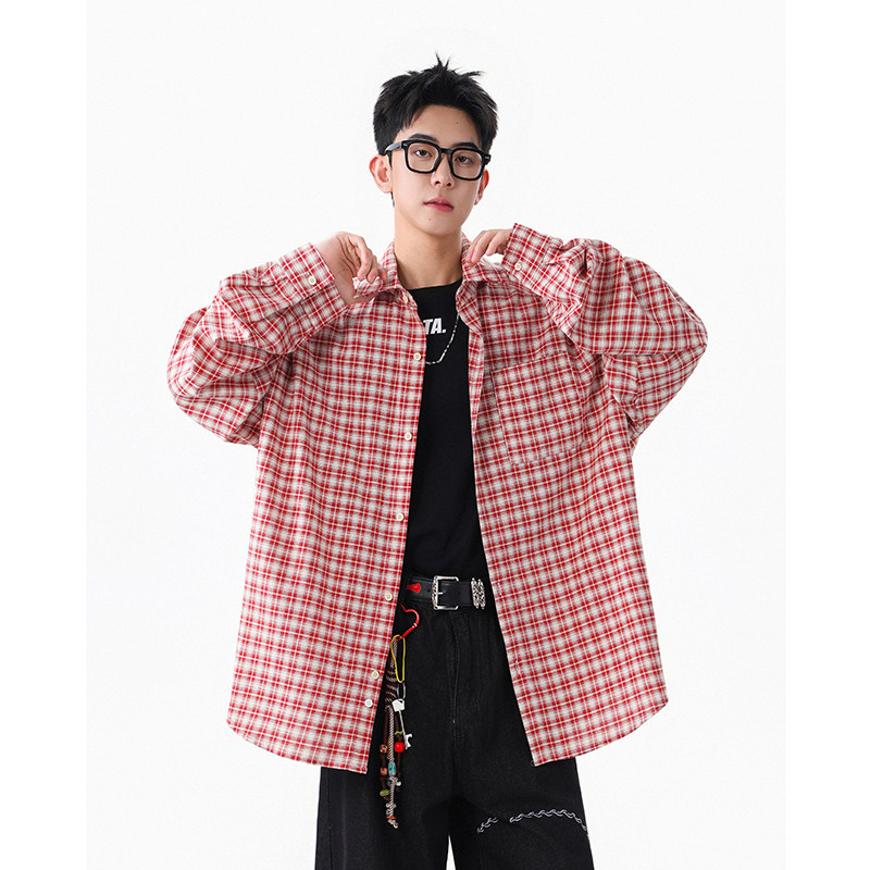 美式复古青少年格纹衬衫男女情侣款春秋潮小众设计感痞帅百搭上衣,男装,衬衫,淘宝优惠券,粉丝福利购,淘宝优惠卷