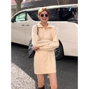 中长款麻花毛衣裙女秋冬配大衣宽松慵懒风加厚拉链软糯针织连衣裙