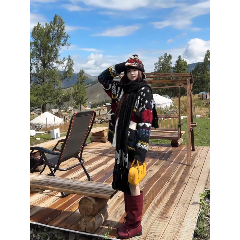 秋冬费尔岛提花中长款针织毛衣