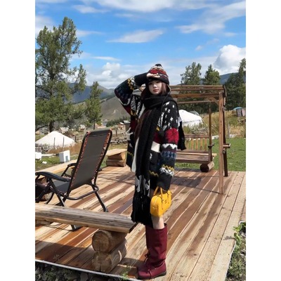 秋冬费尔岛提花中长款针织毛衣