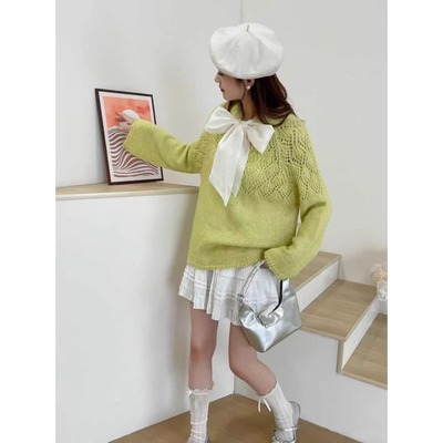 秋冬新款韩系蝴蝶结系带针织衫
