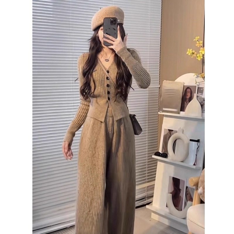 秋冬季两件套韩系高级感穿搭小个子针织衫女上衣穿搭一整套装长裤