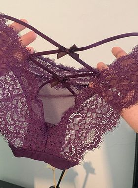 纯欲紫色绑带性感内裤女薄款蕾丝法式网纱镂空女士三角内裤