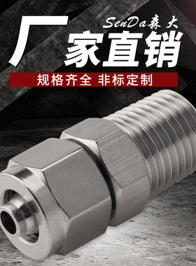 304不锈钢快拧螺纹直通卡套式PC接头四氟尼龙气软管快插快速锁母