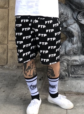 【现货】FTPFUCKTHEPOPULATION allover满印logo薄纯棉短裤黑白