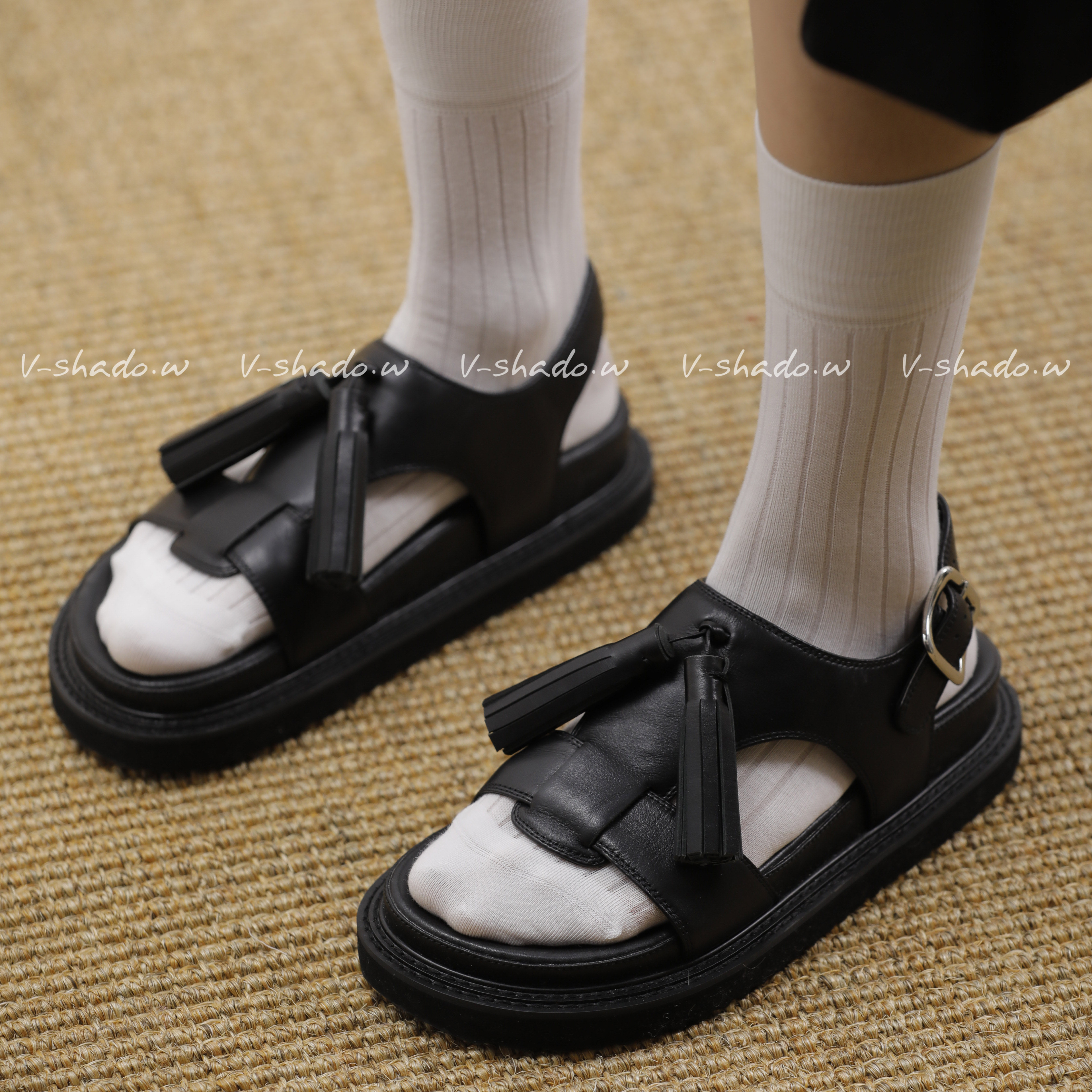 Vshadow设计师品牌 韩火火同款厚底皮穗休闲松糕真皮沙滩凉鞋