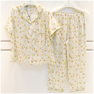 精雅睡衣女夏季新款梭织纯棉薄款小碎花甜美女短袖长裤家居服套装