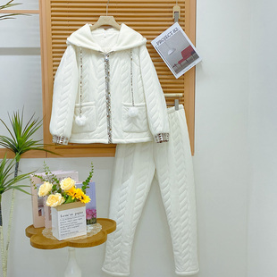 安杜拉女士睡衣2025冬季麻花格轻羽绒棉三层夹棉连帽保暖家居服套