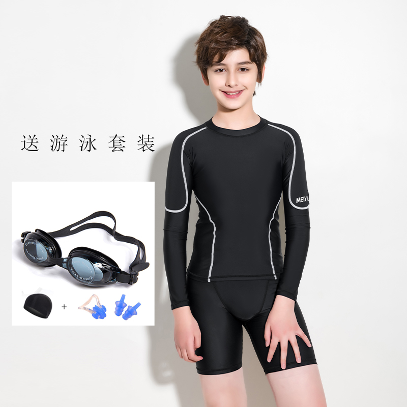男童分体泳衣长袖防晒速干五分裤中大童学生青少年大码胖男孩泳装