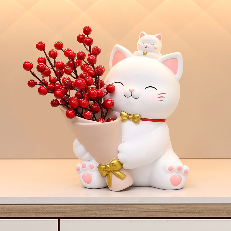 新款可爱樱花猫捧花收纳摆件