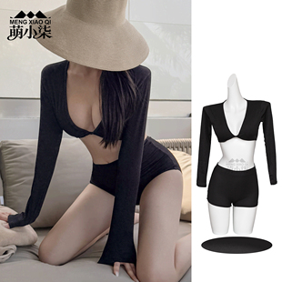 诗晨北岛性感风深V黑色分体泳衣女长袖 温泉度假 高腰显瘦套装