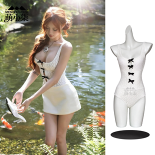 萌小柒精致松弛风白色蕾丝连体泳衣女蝴蝶结装 饰性感甜美温泉泳装