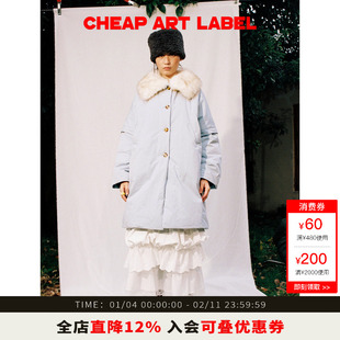 cheap art label淡蓝色可拆毛领落肩羽绒服廓形翻领厚外套女25冬