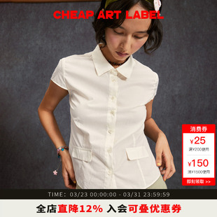 奶油色收腰短袖 label 轻薄衬衫 假口袋上衣女26春季 cheap 新款 art