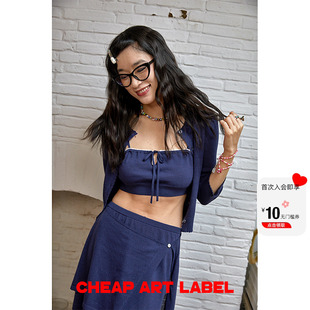 cheap label 藏青色亚麻微透短背心女都市丽人小吊带新款 art