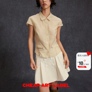 米黄色轻薄收腰短袖 label art 贝壳扣上衣女26春季 新款 衬衫 cheap