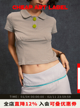 cheap art label 蓝绿色条纹娃娃领收腰polo针织衫女2025秋季新款