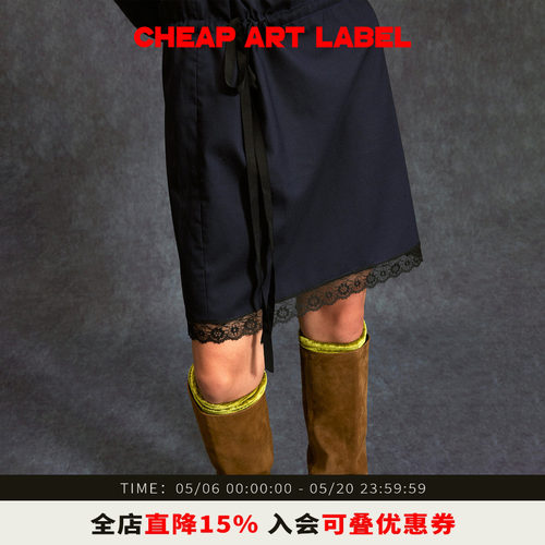 cheap art label 藏青色蕾丝花边短裙抽绳直筒半身裙女26春季新款
