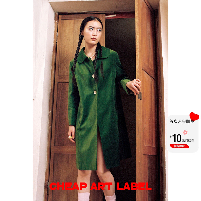 圆领大衣平绒过膝可爱草绿色