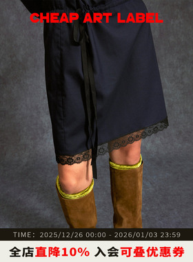 cheap art label 藏青色蕾丝花边短裙抽绳直筒半身裙女25秋季新款