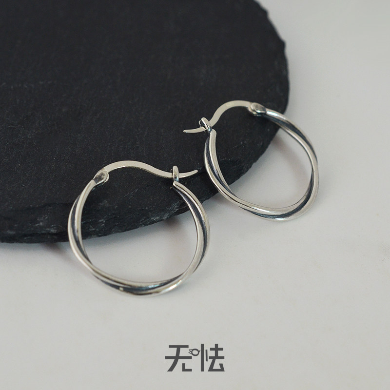 无怯纯银素圈新款潮酷个性圆形大耳环麻花编织高级感耳饰品