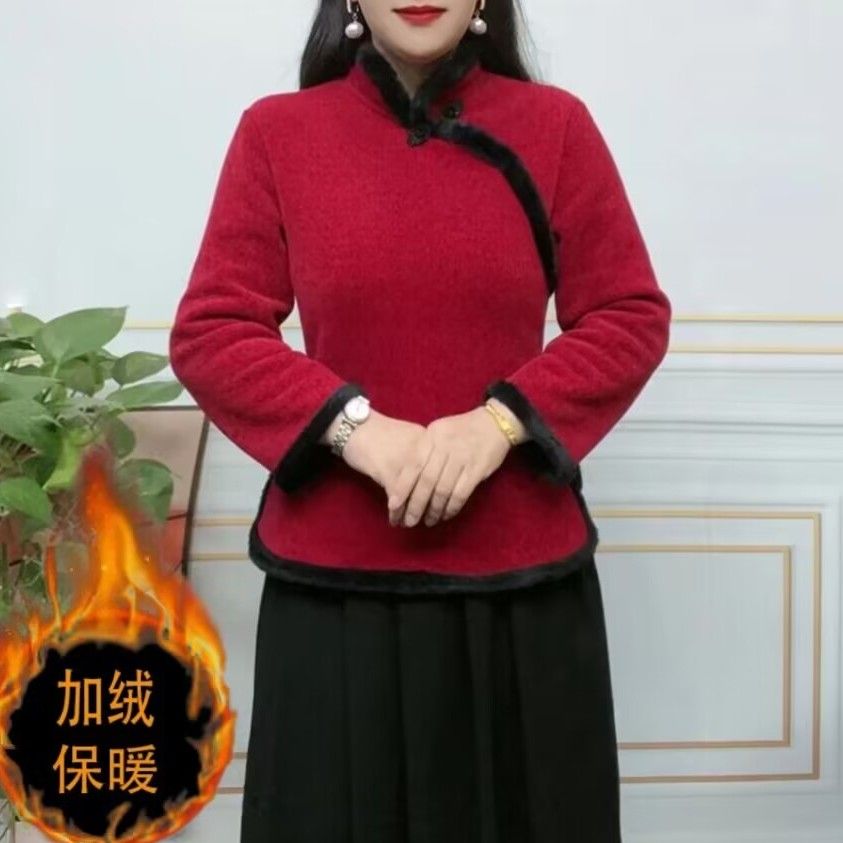 妈妈复古盘扣棉衣改良旗袍上衣加绒加厚中老年中式国风保暖棉袄女