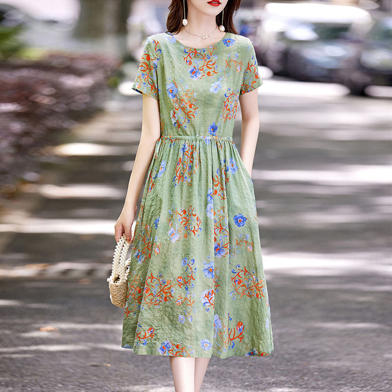 中老年妈妈棉麻连衣裙女夏季