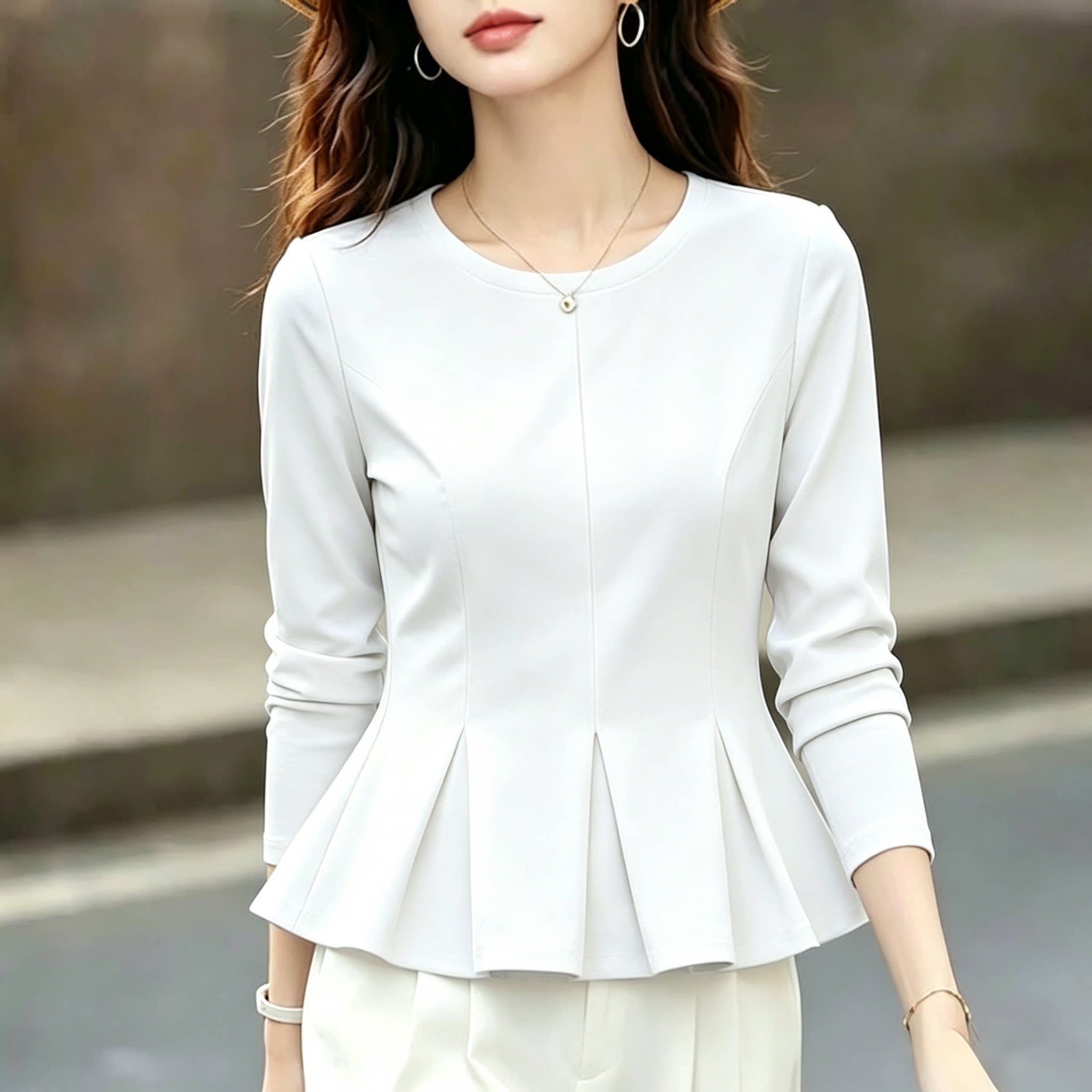 简约气质棉质荷叶摆收腰长袖T恤女春秋纯色圆领休闲显瘦韩版打底
