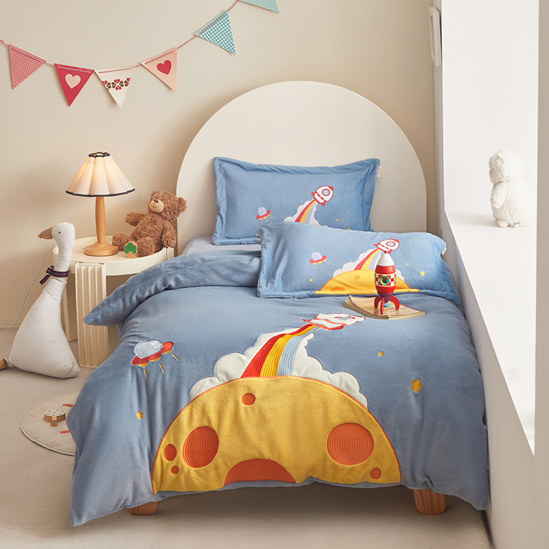 冬季儿童加绒被套牛奶绒贴布绣保暖加厚珊瑚绒幼儿园被罩单人学生