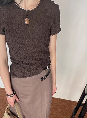 ASCRIPTION25春夏女士显瘦设计感褶皱圆领桑蚕丝泡泡T恤