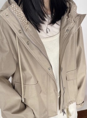 ASCRIPTION25春夏女士宽松格子连帽短外套拉链夹克上衣