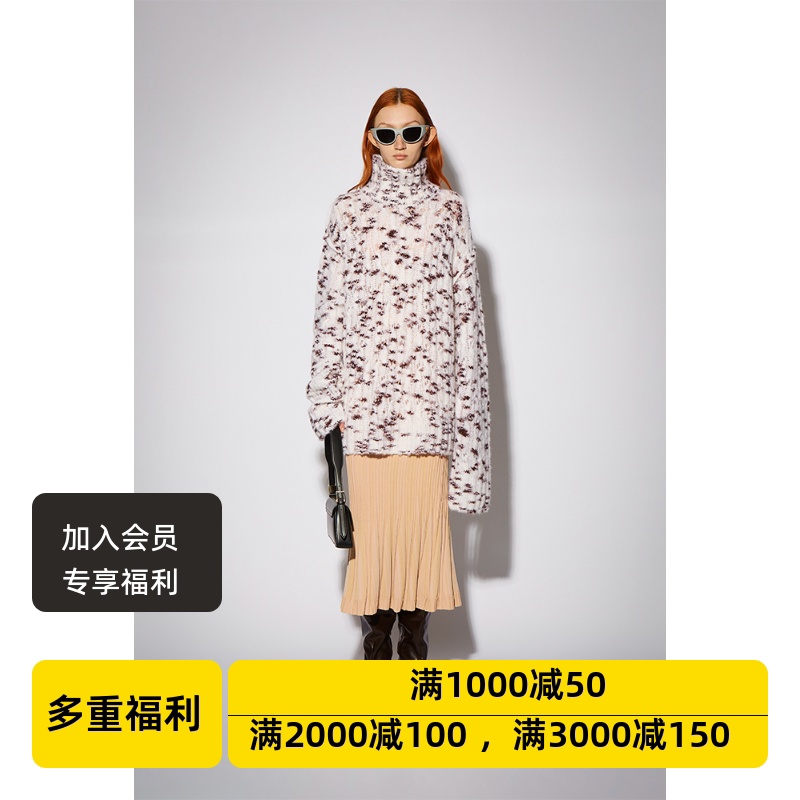 折设计师品牌C+PLUS休闲宽松白底毛织斑驳绞花高领长袖套衫