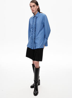 折设计师品牌SUITTITUDE廓版蓝色翻领荷叶边长袖衬衫上衣