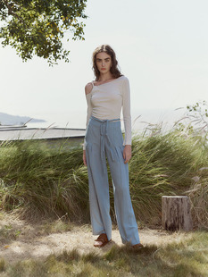 设计师品牌CelloSonata春夏修身简约常规编织斜肩长袖T恤上衣