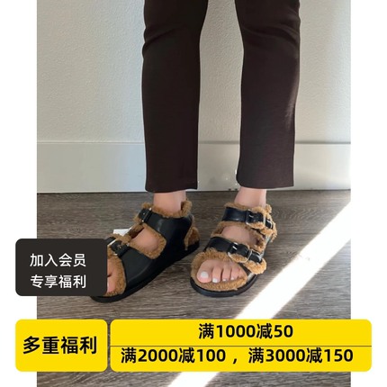 设计师品牌FURDELUXE女士休闲梅里贝尔露趾毛毛鞋凉鞋驼色