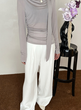 ASCRIPTION25春夏女士法式百搭醋酸一字荡领飘带上衣长袖打底