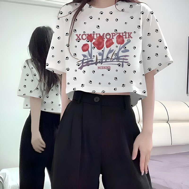 短款上衣设计感ins小众2025年新款高腰纯棉短袖t恤女款落肩夏百搭