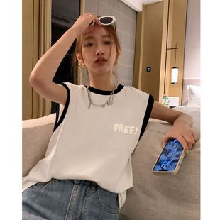 2025夏季 ins宽松黑白撞色百搭上衣 潮流无袖 背心T恤女纯棉圆领韩版