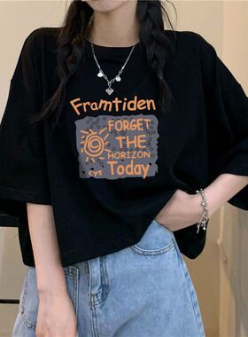 韩版学生黑色印花短款T恤女夏季宽松高腰百搭辣妹休闲短袖上衣ins