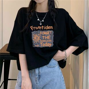 韩版学生黑色印花短款T恤女夏季宽松高腰百搭辣妹休闲短袖上衣ins