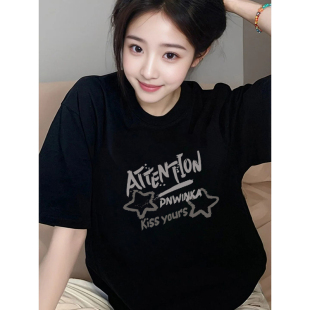 新款 个性 圆领短袖 宽松韩版 黑色显瘦上衣服潮流 T恤女ins风薄款 夏季