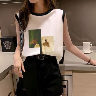 背心女 潮牌纯棉夏季 个性 通勤拼接撞色纯欲坎肩t恤女无袖 上衣爆款