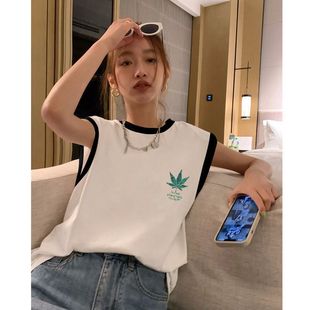 背心无袖 体恤 t恤女港风潮流宽松休闲拼接上衣服百搭夏季 学生半袖