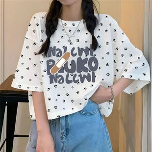 个性 T恤女夏季 纯棉美式 短袖 设计感小众上衣 薄款 宽松白色甜美半袖