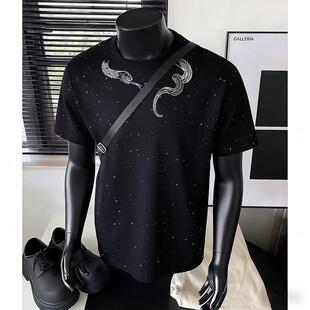 美式痞帅纯棉亮片印花短袖T恤男士青年半袖ins潮牌宽松百搭上衣服